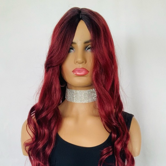 22” Ombre Burgundy “Put On & Go” Premium Synthetic Fiber Wig - Picture 6 of 13